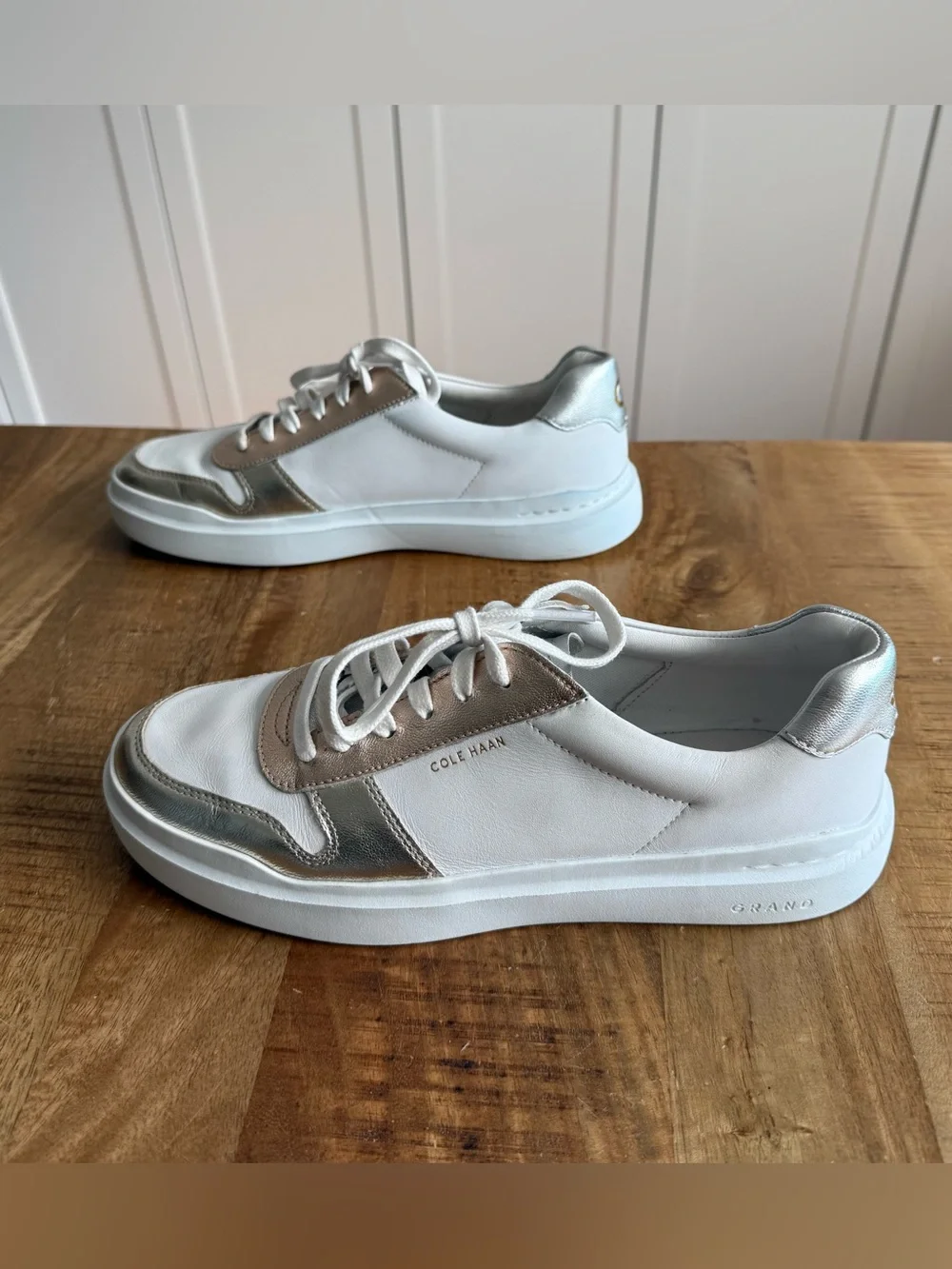 Cole Haan Grandpro White Leather Sneakers with Metallic Accents